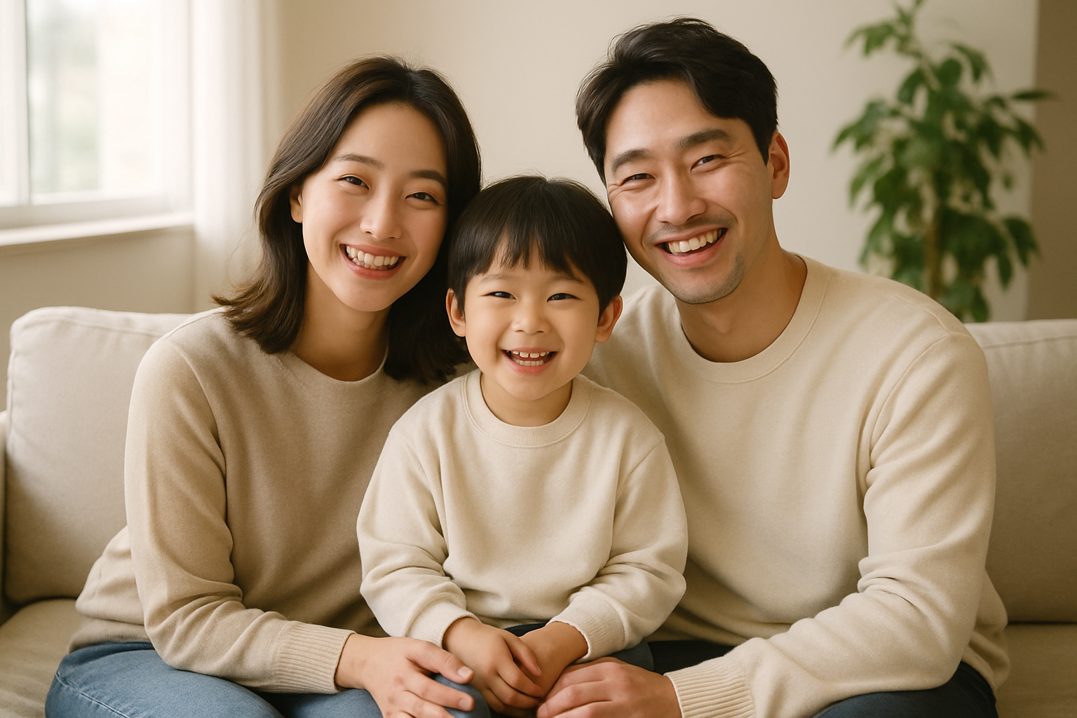 밝게 웃는 세 식구가 소파에 함께 앉아 있는 모습